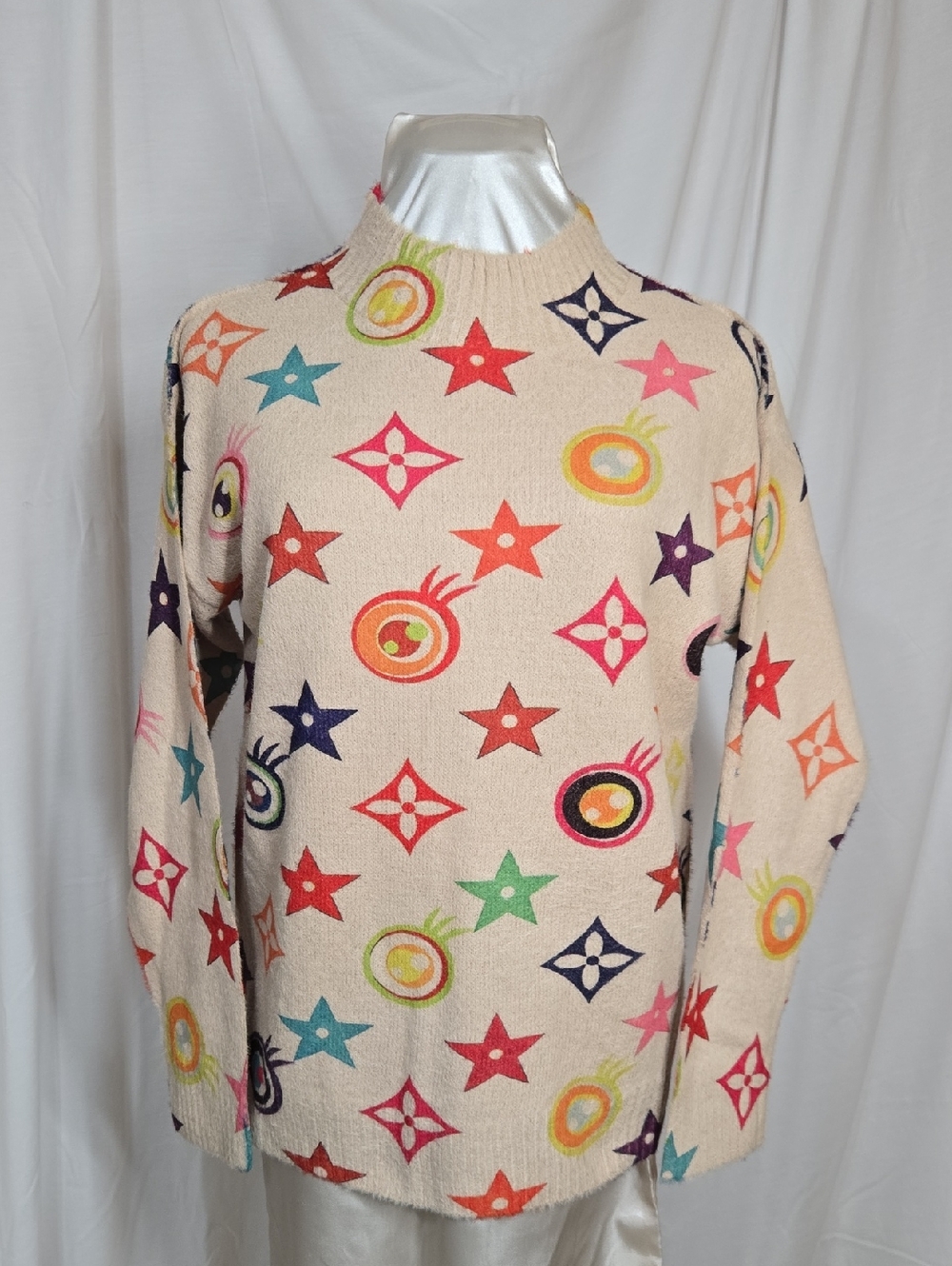 Cream Multicolor Star & Medallion Print Sweater